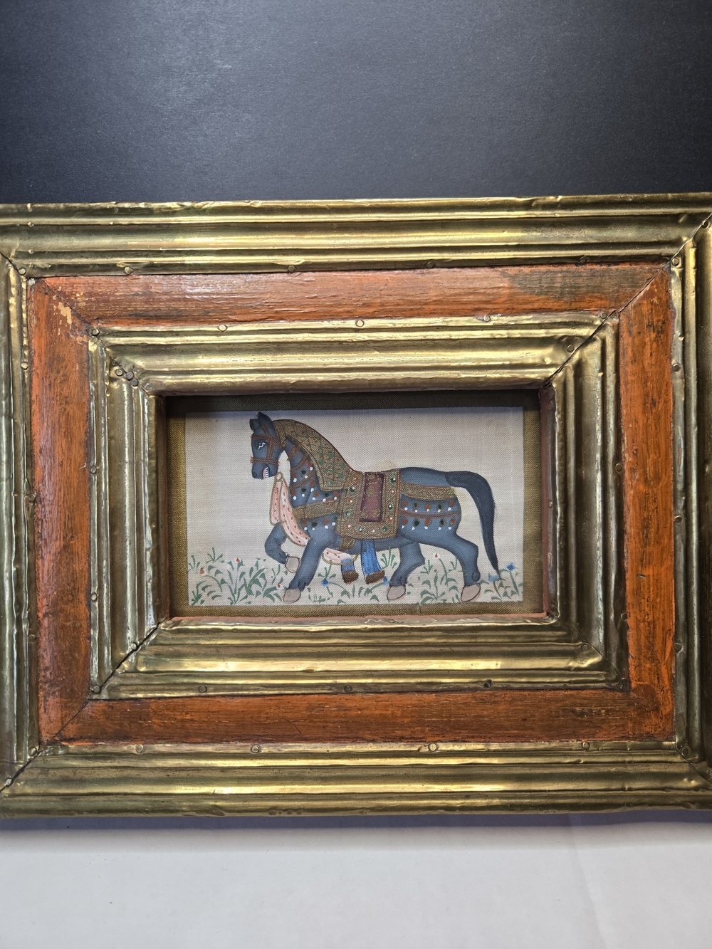 Indo-Persian Mughal Horse Painting on Cloth Brass & Wood Frame Traditional